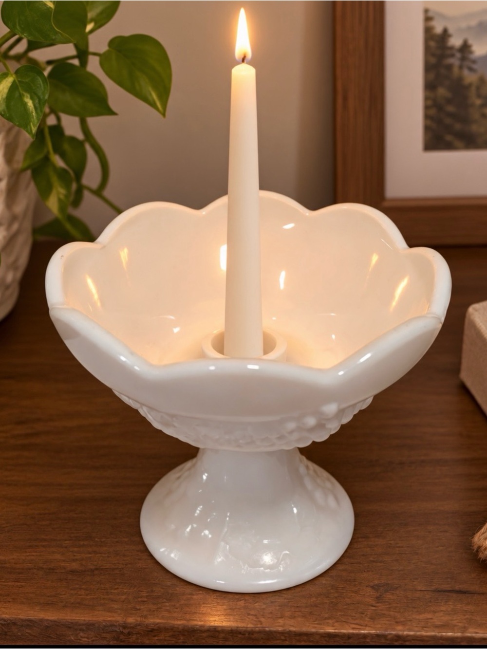 Elegant White Milk Glass Pedestal candlestick holder